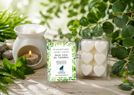 Zaļā tēja un timiāns. Aromatizēts sojas vasks aromlampām. Svaigs aromāts.