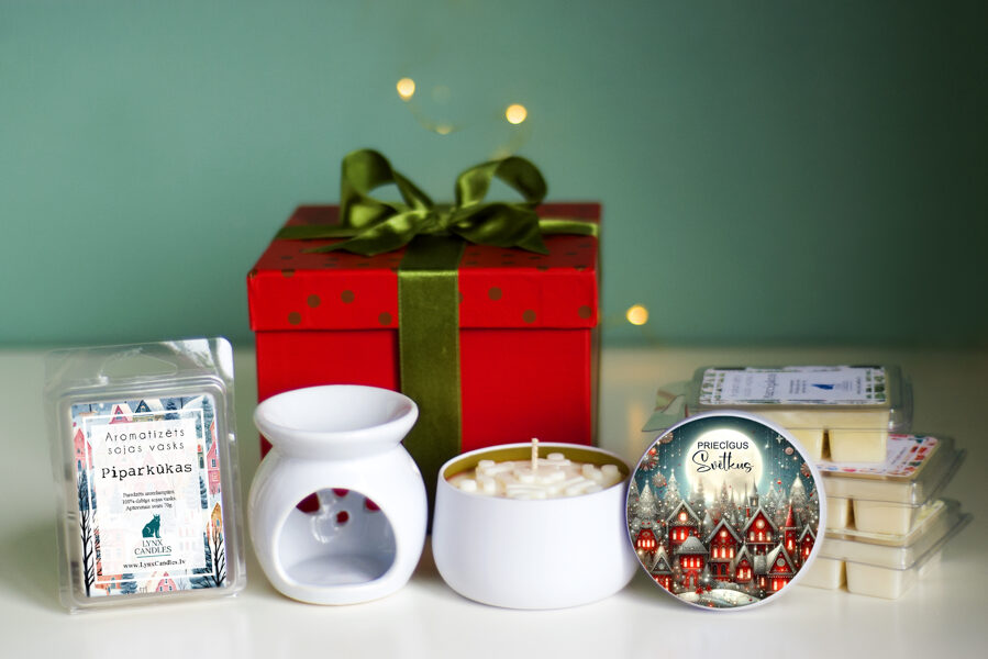 Dāvanu komplekts ar aromlampu, 4 kausējamajiem vaskiem un sveci